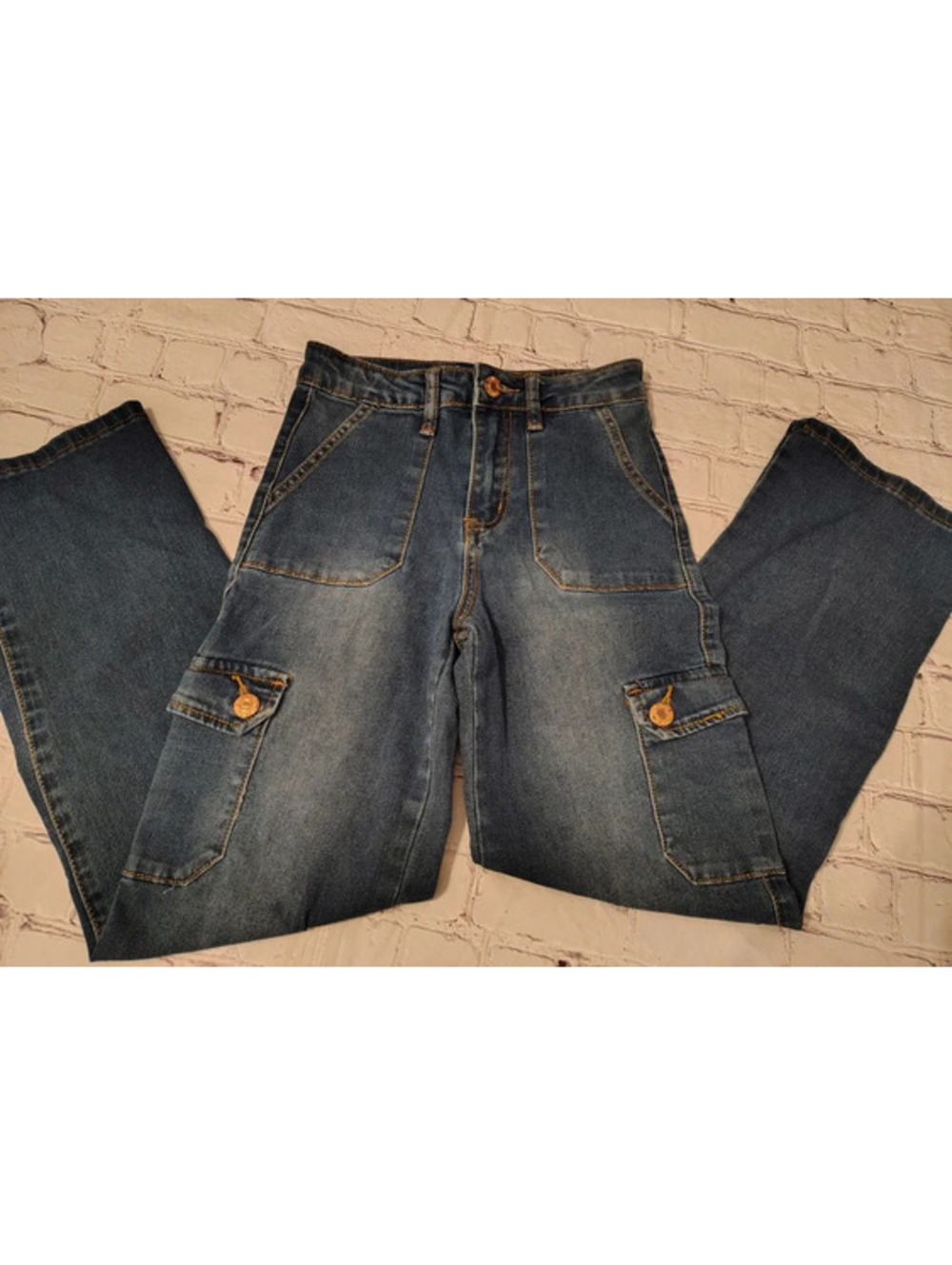 Soho Blue Denim Girls Cargo Jeans Size 10 Medium Wash Stretch Pockets